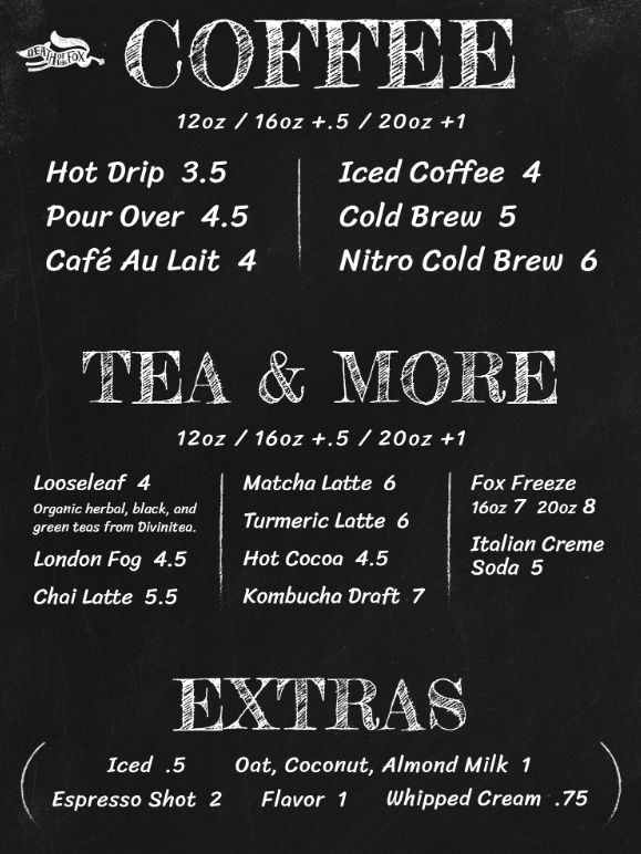 Coffee, Tea & More and Extras chalkboard menu