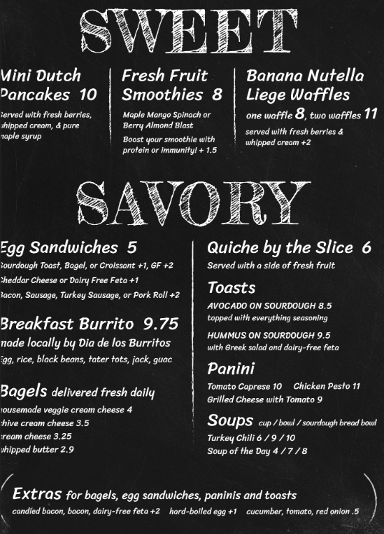 Sweet and Savory breakfast, brunch and lunch chalkboard menu