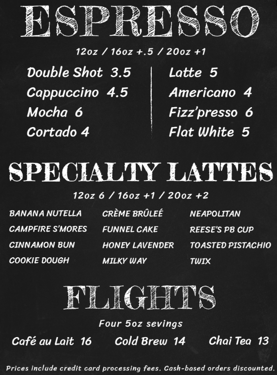 Espresso, Specialty Lattes and Flights chalkboard menu